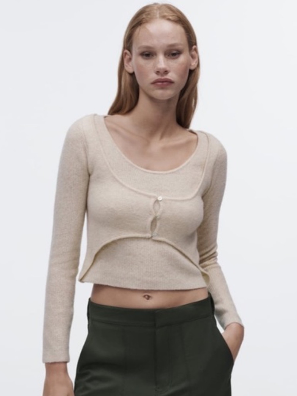 Zara Wool Blend Beige Scoop-Neck Long Sleeve Cropped Knit Top